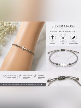 Silver Cross Cord Bracelet - Adjustable Grey